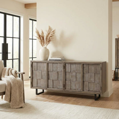 Brown solid mango TV console with transitional style and 78-inch width