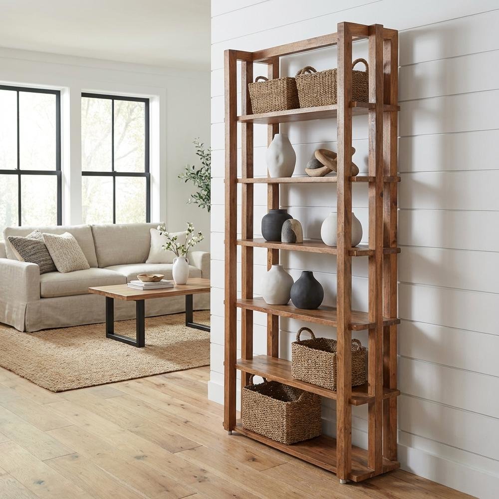 Brown transitional bookcase with sturdy construction and ample storage
