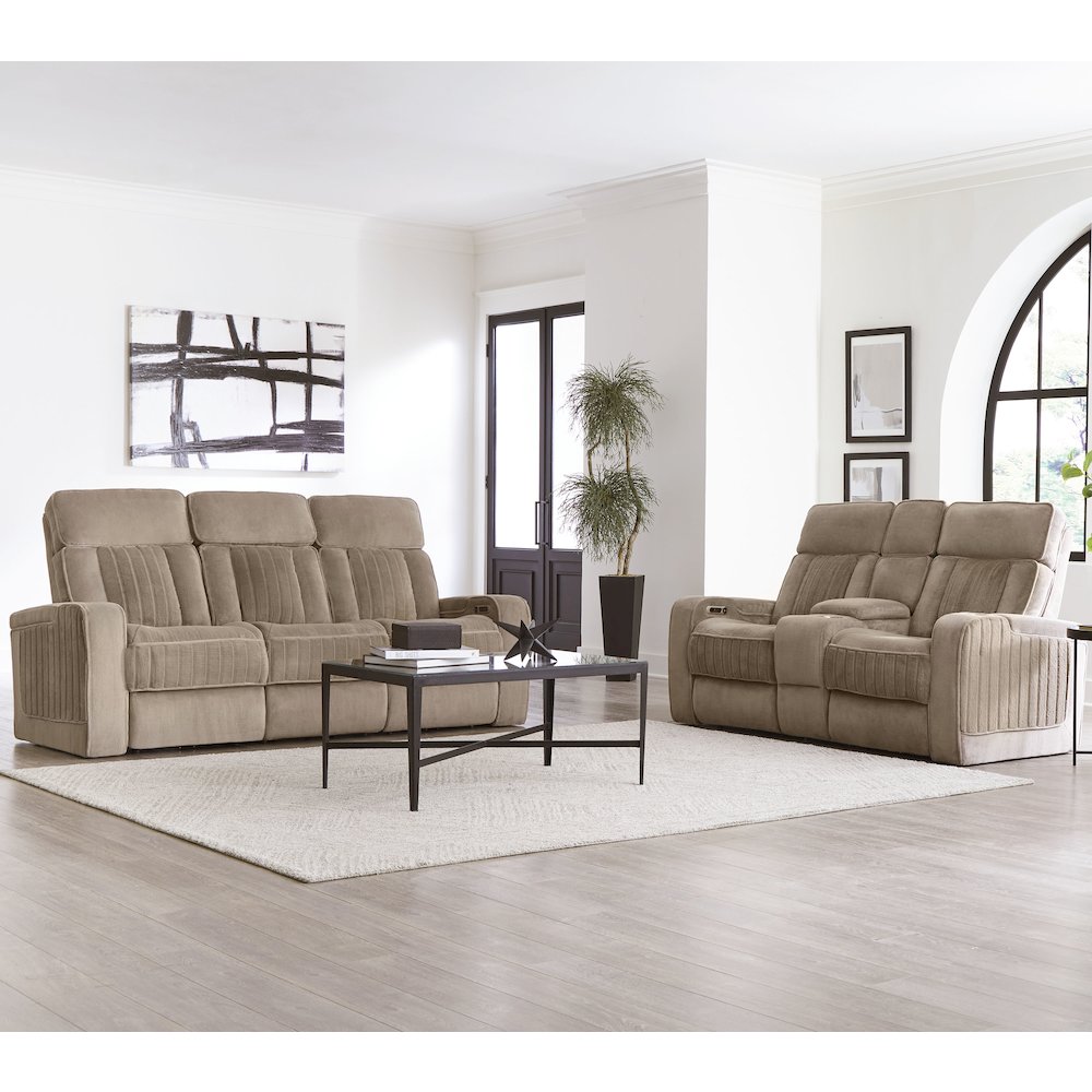 Equinox Mushroom Power Reclining Sofa with Drop Down Table