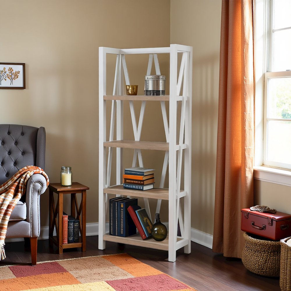 White Wooden Bookshelve, Tall Bookcase with 4-Tier Wood Bookshelf Design