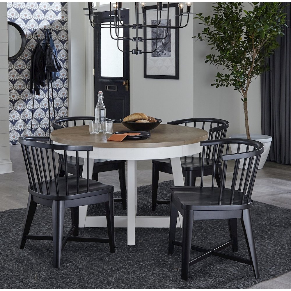 Modern Dining 48-66" Round Dining Table and 4 Black Barrel Chairs