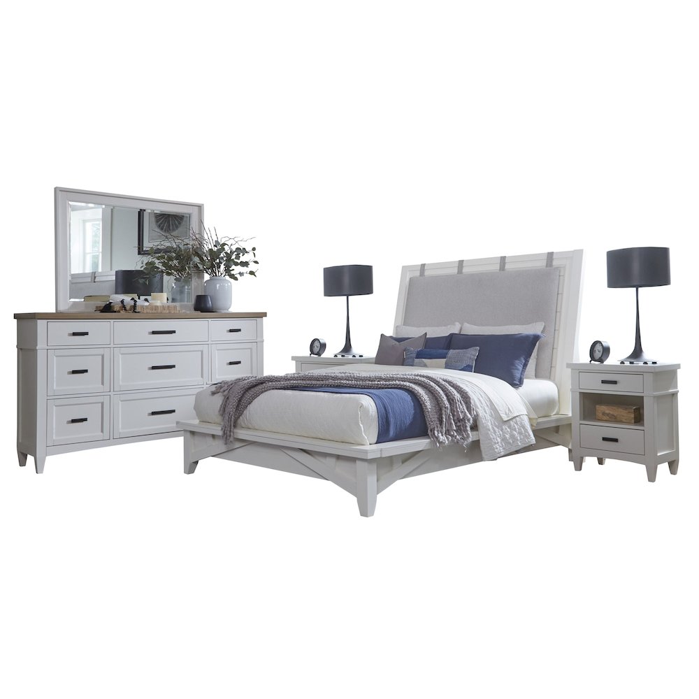 Modern Bedroom Queen Platform Bed 2 Nightstands and Dresser with Mirror