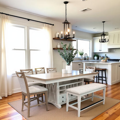 White Counter Height Dining Table with Storage and Oak Veneer Top