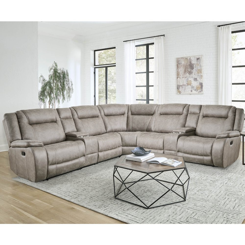Desert Taupe 7 Piece Modular Reclining Sectional and Entertainment Console