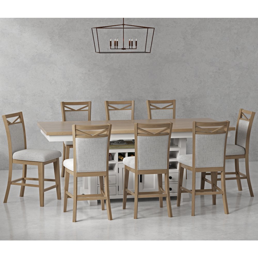 Modern Dining Island Counter Height Table with 8 upholstered chairs