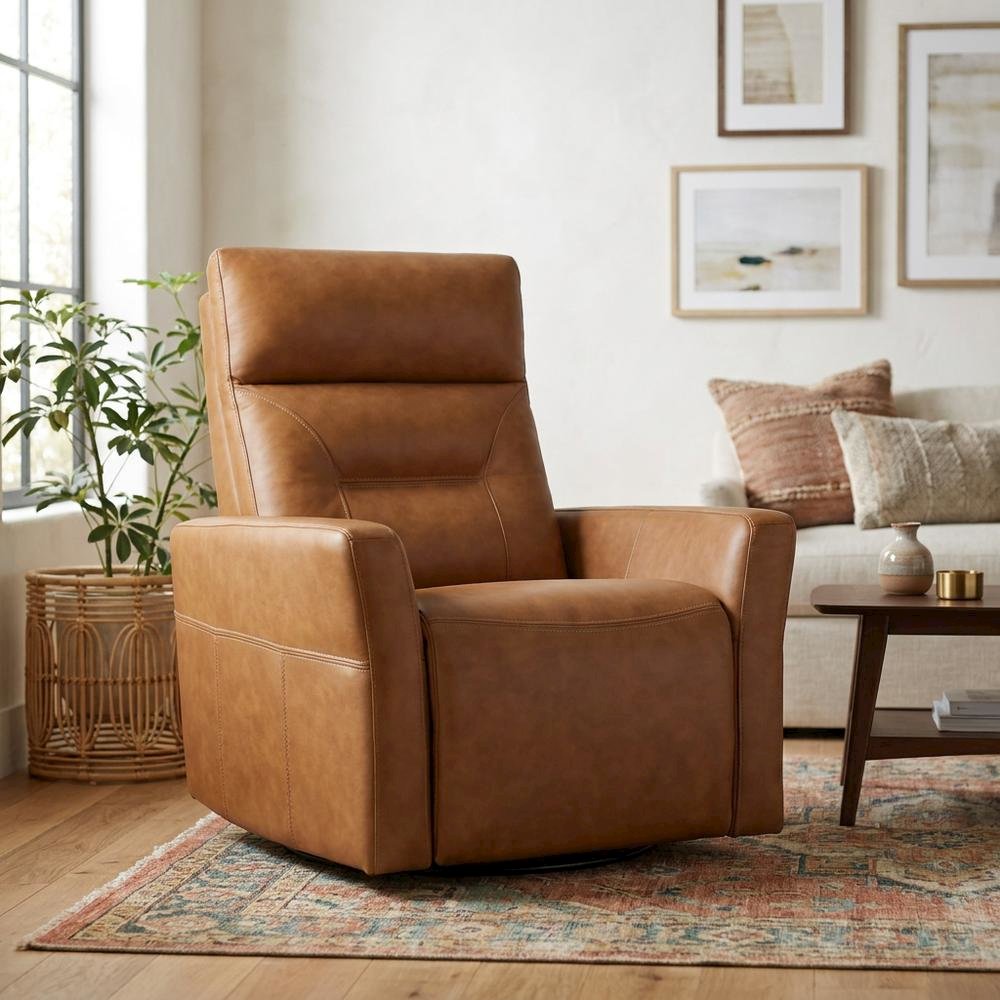 Vintage Caramel Power Swivel Recliner with Traditional Style and Plush Seat