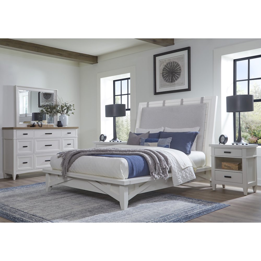 Modern Bedroom Queen Platform Bed 2 Nightstands and Dresser with Mirror