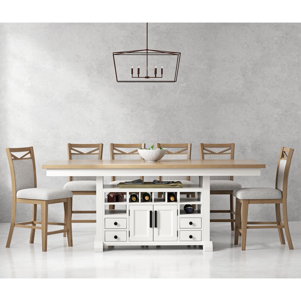 Modern Dining Island Counter Height Table with 6 upholstered chairs