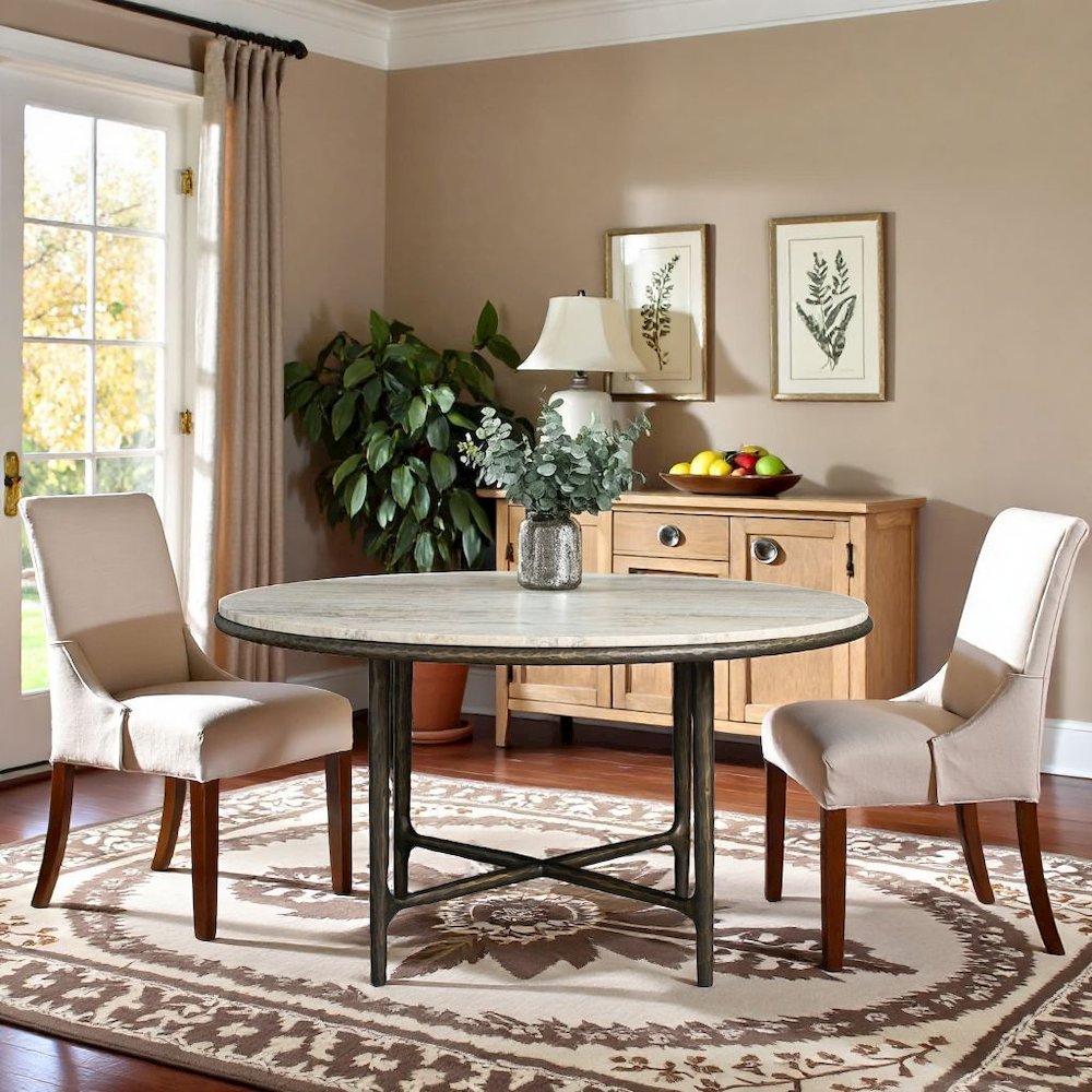 White Round Dining Table with Travertine Top and Metal X-Base Frame