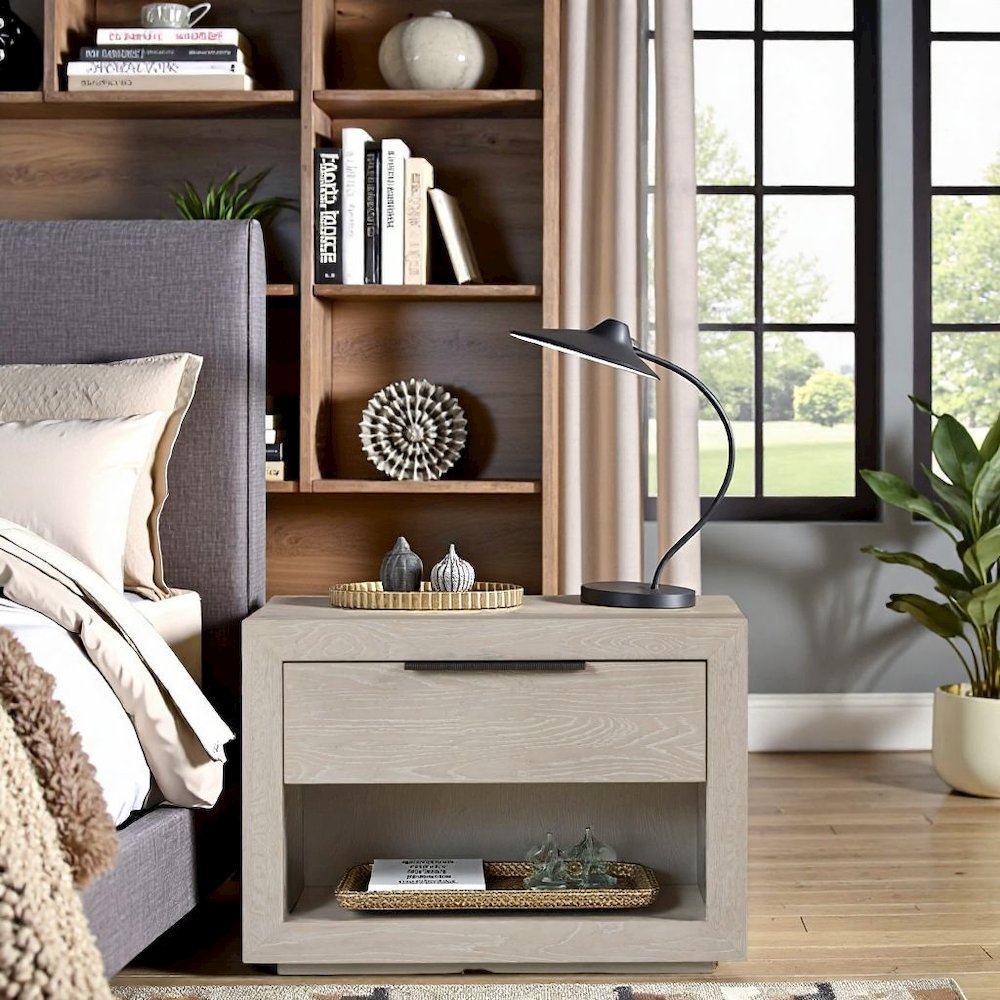 Gray Modern Nightstand with Drawer and Open Shelf Bedside Table