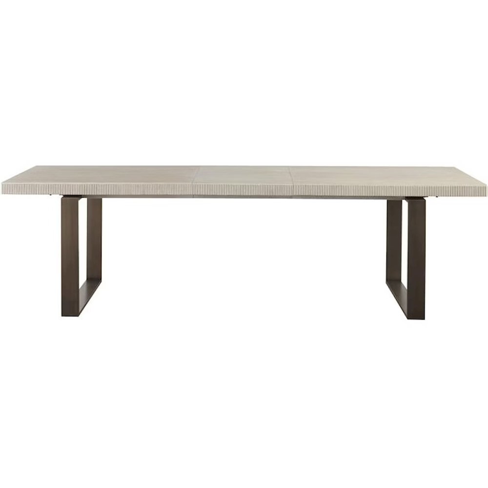 Gray Extendable Dining Table with Wood Top and Bronze Metal Base