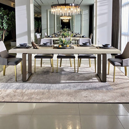 Gray Extendable Dining Table with Wood Top and Bronze Metal Base