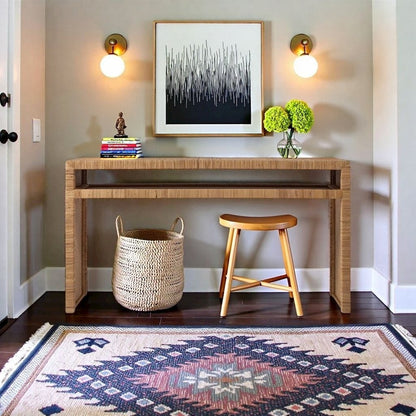 Woven Rattan Console Table in Brown Finish for Entryway Furniture Use