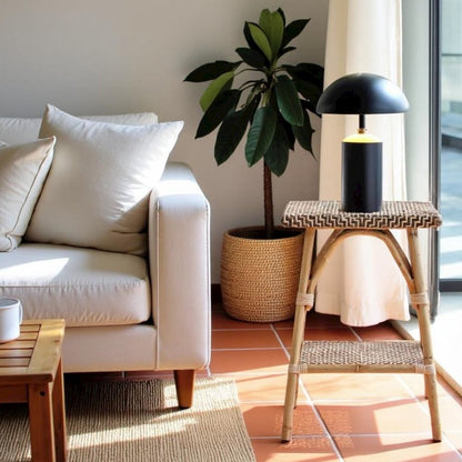 Brown Natural Rattan Accent Table with Basket Weave Top – Boho Side Table