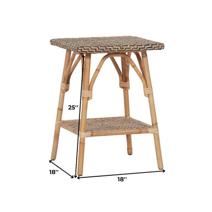 Brown Natural Rattan Accent Table with Basket Weave Top – Boho Side Table