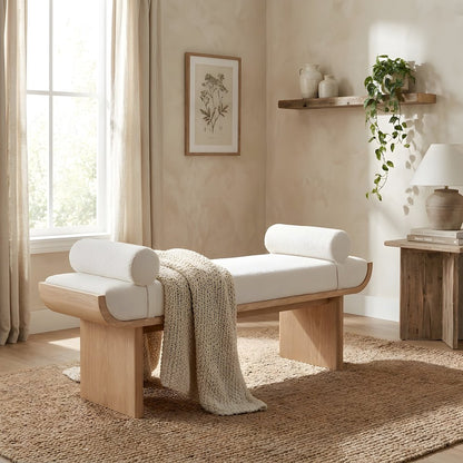 Polyester-Upholstered Bed Bench with Oak-Finished Frame and Removable Bolsters