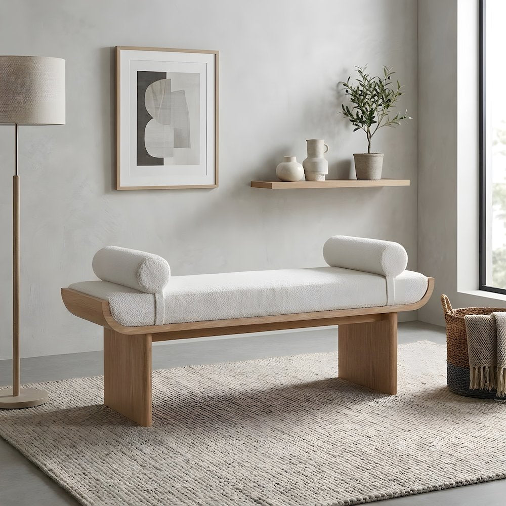 Polyester-Upholstered Bed Bench with Oak-Finished Frame and Removable Bolsters