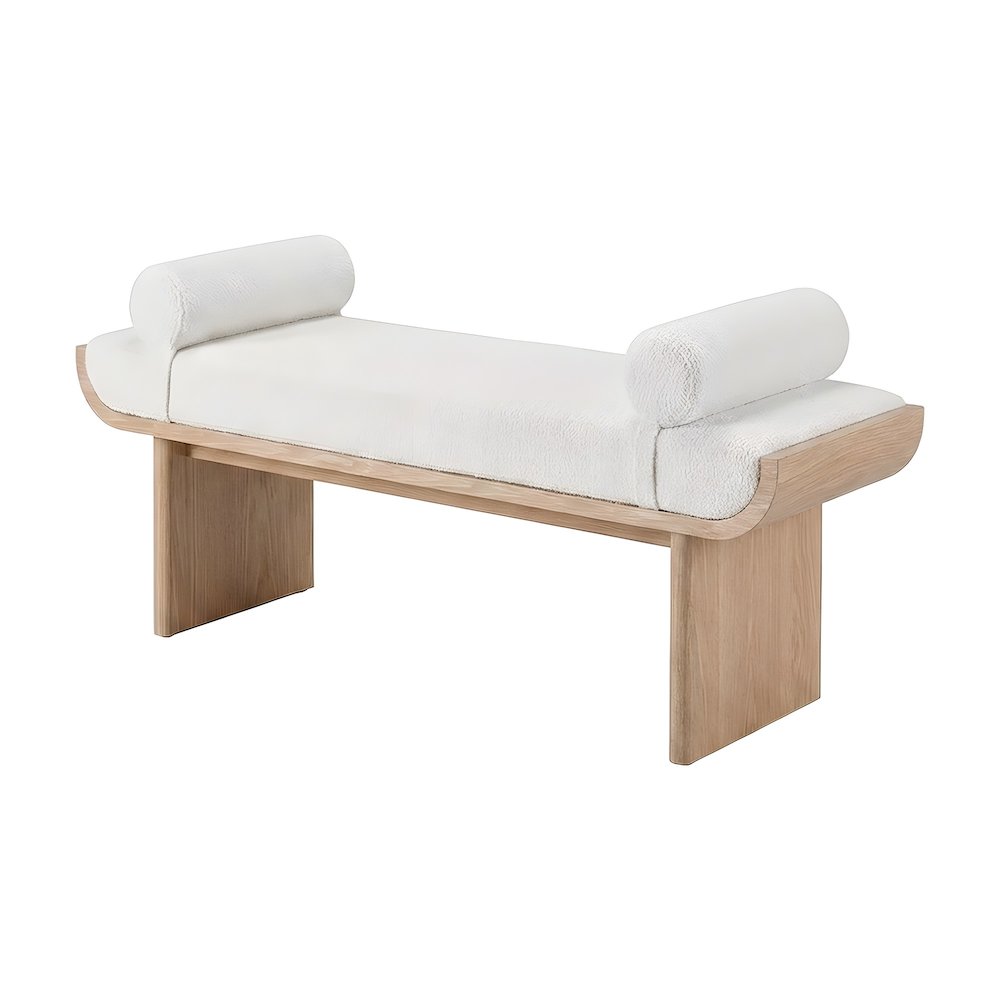 Polyester-Upholstered Bed Bench with Oak-Finished Frame and Removable Bolsters