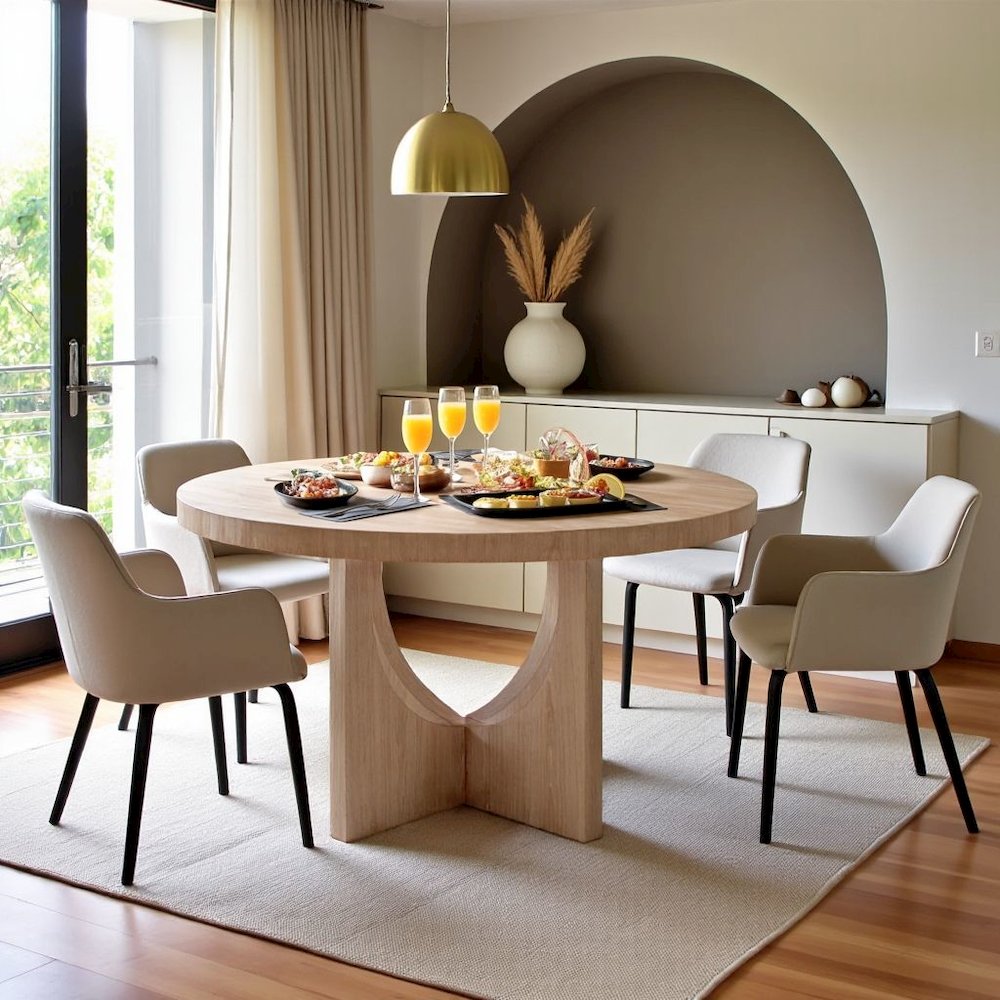Round Oak Dining Table for 4 with Hand Finished Pedestal Base Design