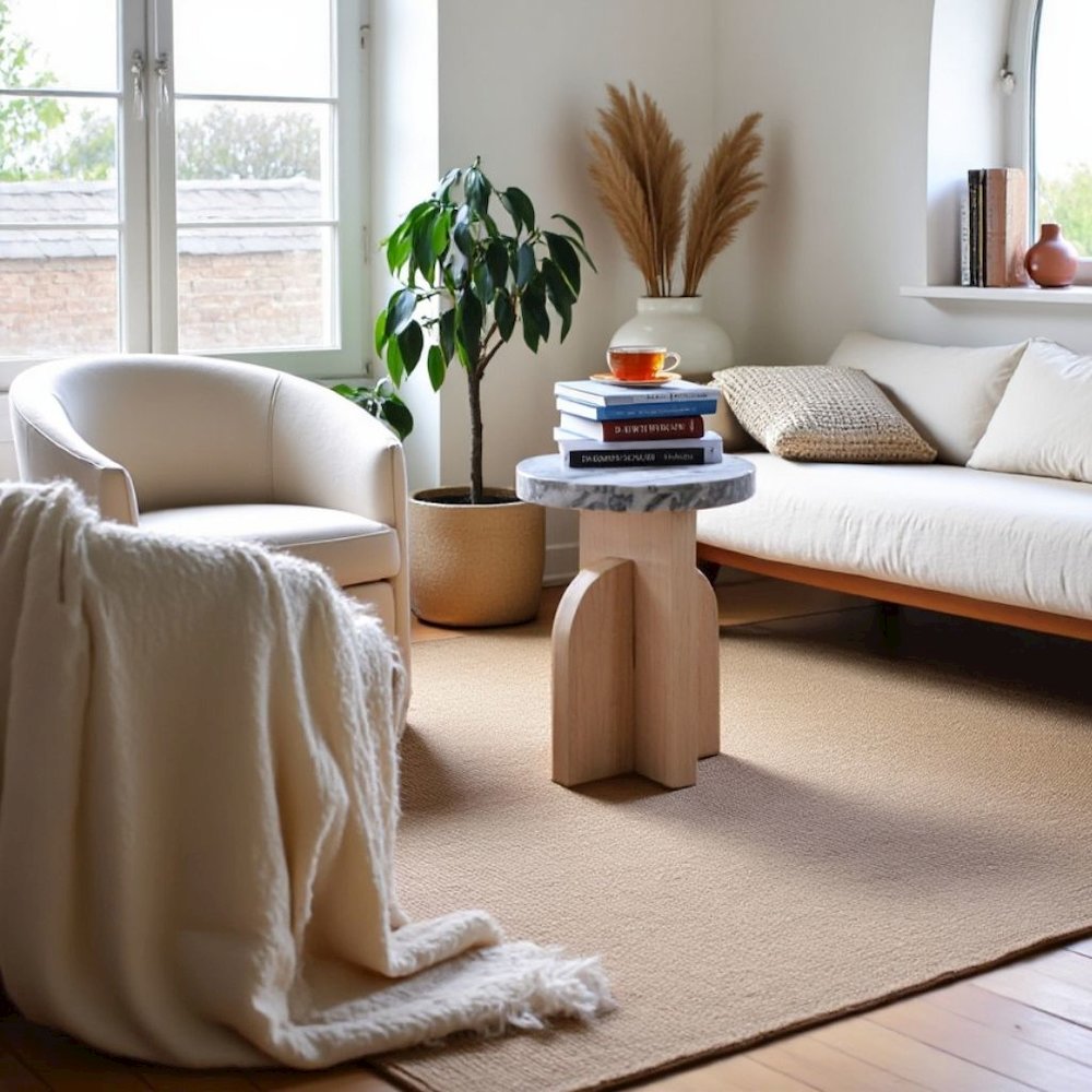 White Marble Accent Table with Oak-Finished Pedestal Base For Living Room