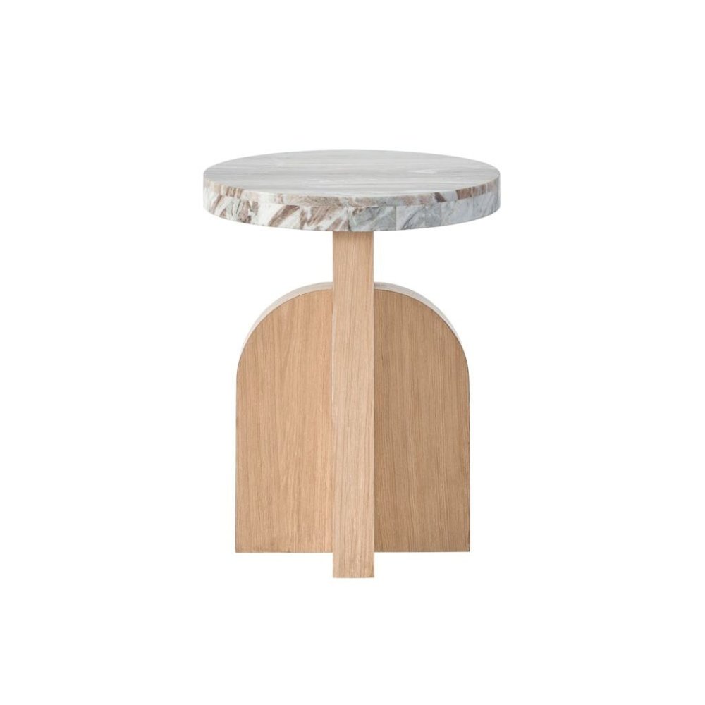 White Marble Accent Table with Oak-Finished Pedestal Base For Living Room