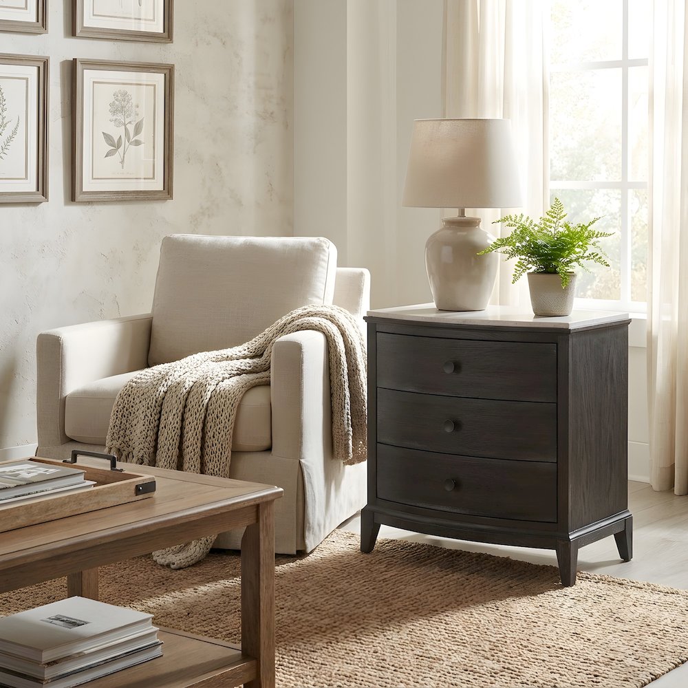 Oak Nightstand with Three Drawers, Stone Top, and USB Outlets with Storage