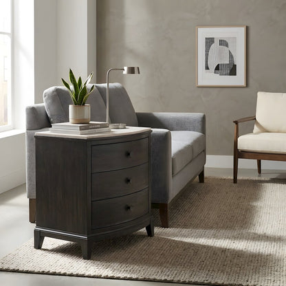 Oak Nightstand with Three Drawers, Stone Top, and USB Outlets with Storage