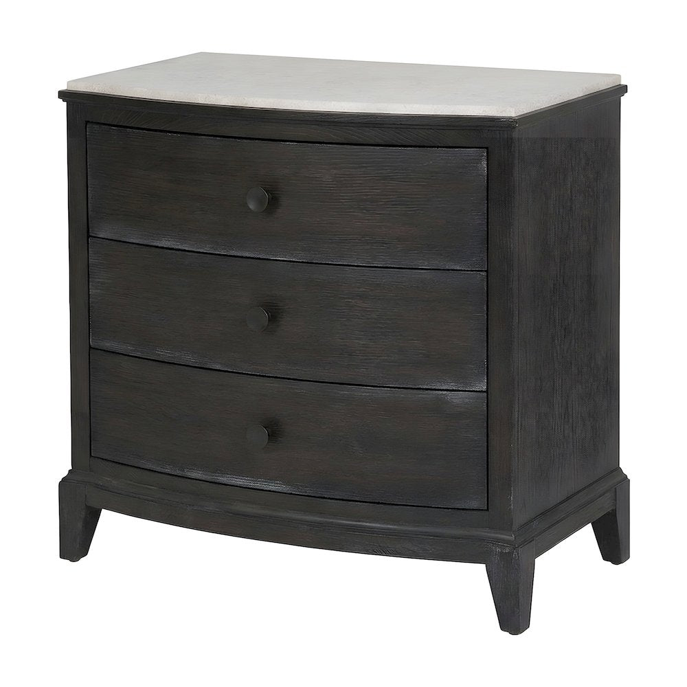 Oak Nightstand with Three Drawers, Stone Top, and USB Outlets with Storage