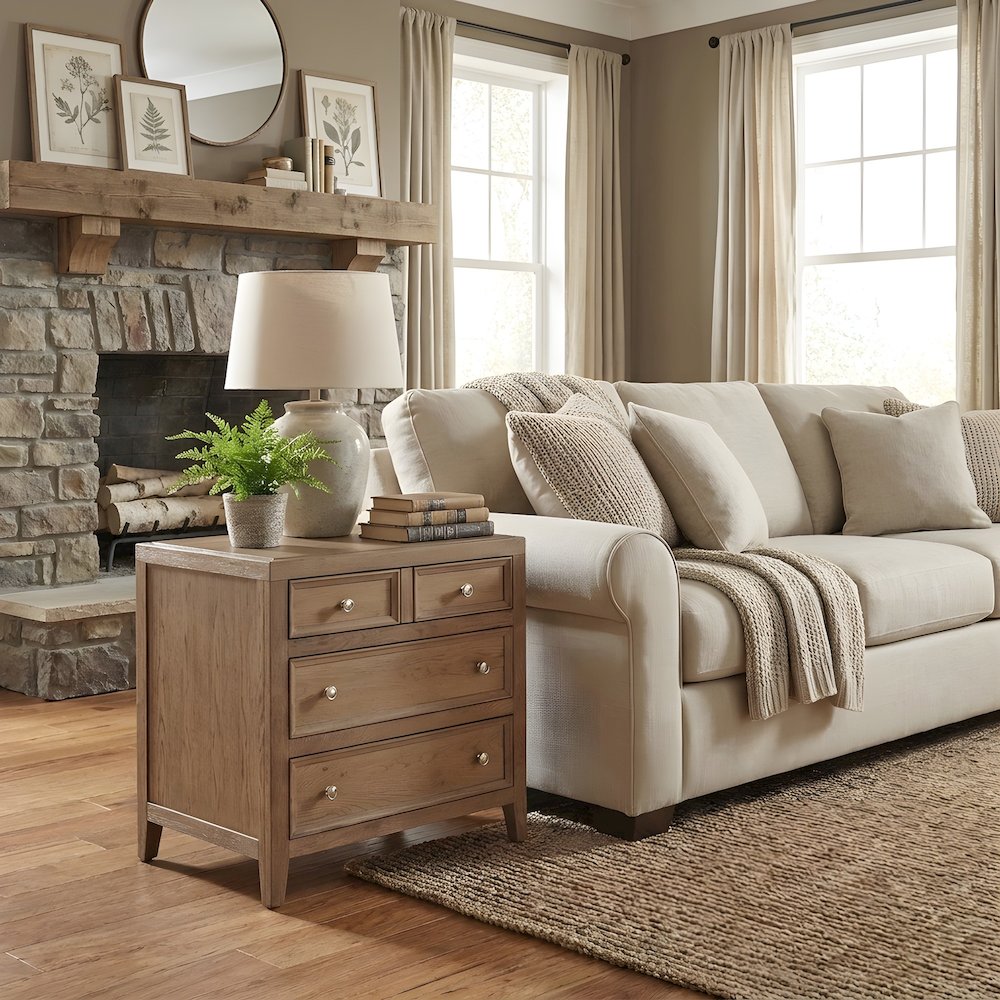 Hardwood Veneer Nightstand with Three Drawers and USB Outlets with Storage