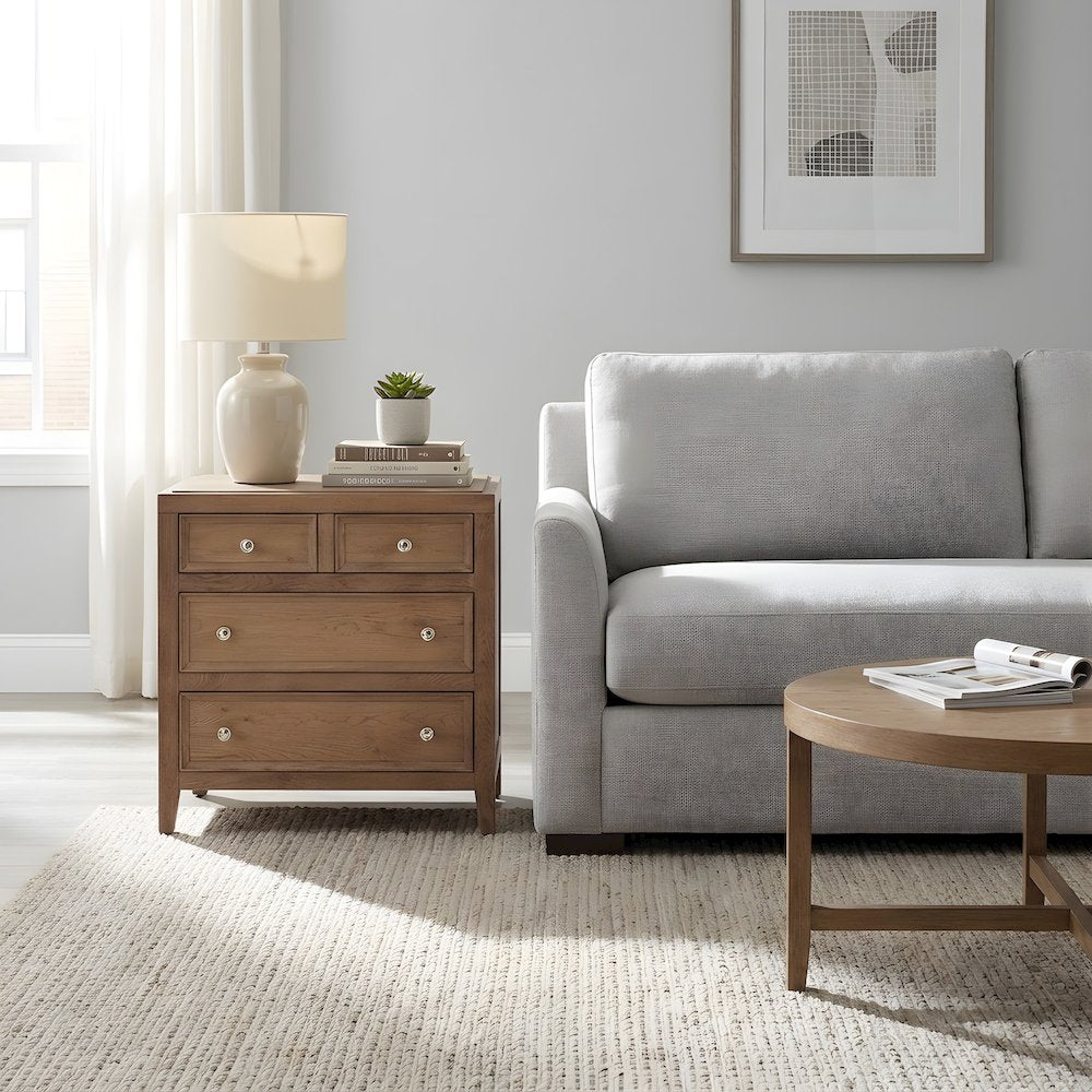 Hardwood Veneer Nightstand with Three Drawers and USB Outlets with Storage