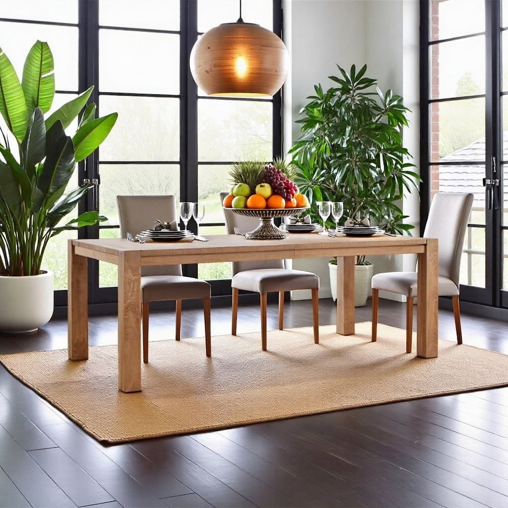 Beige Wood Dining Table with Two Leaves and Extendable to 120 Inches