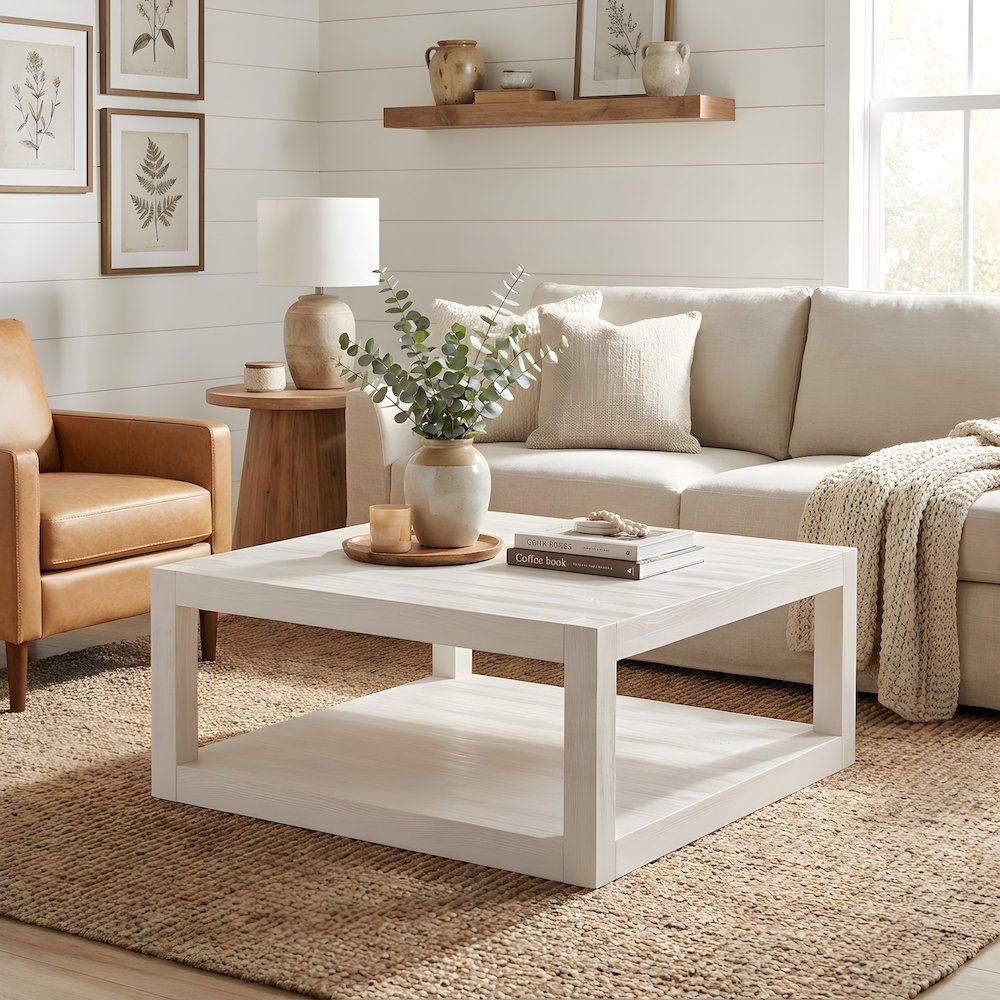 Square Cocktail Table with Open Shelf and Casters for Living Room