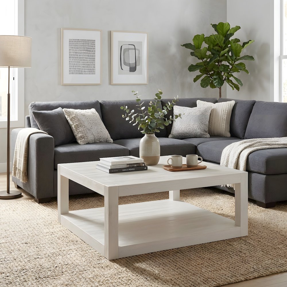 Square Cocktail Table with Open Shelf and Casters for Living Room