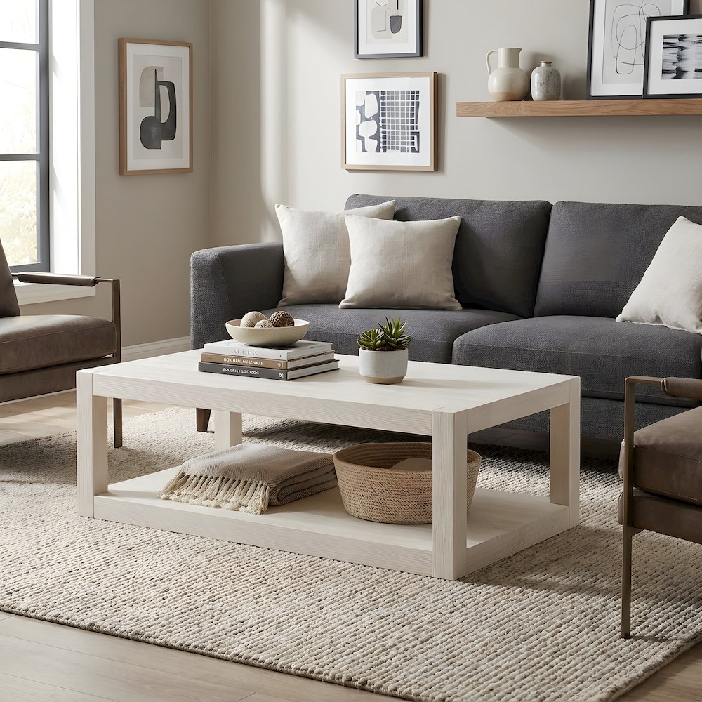 Hardwood Veneer Cocktail Table with Open Shelf and Casters