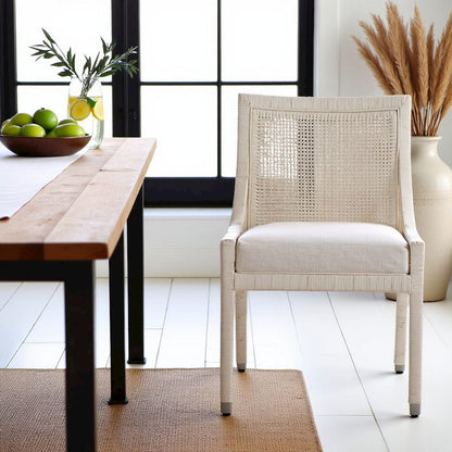White Natural Rattan Dining Chair with Nomad Snow Fabric – Boho Seating Style