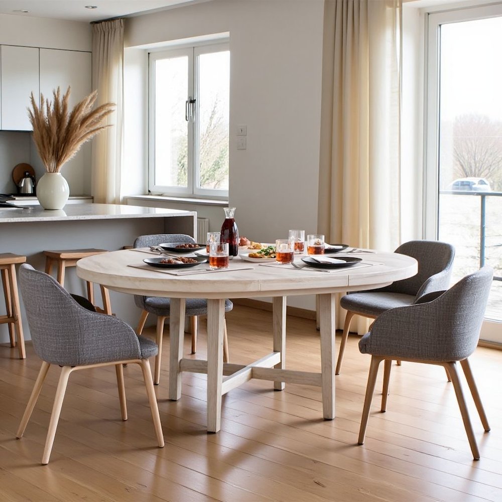 White Oak Round Extendable Dining Table with 18" Leaf and Premium Solid Oak