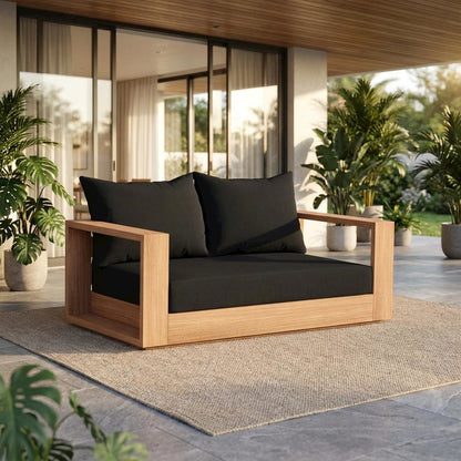 Contemporary Outdoor Loveseat In Black Fabric With Cushion And Light Teak Finish
