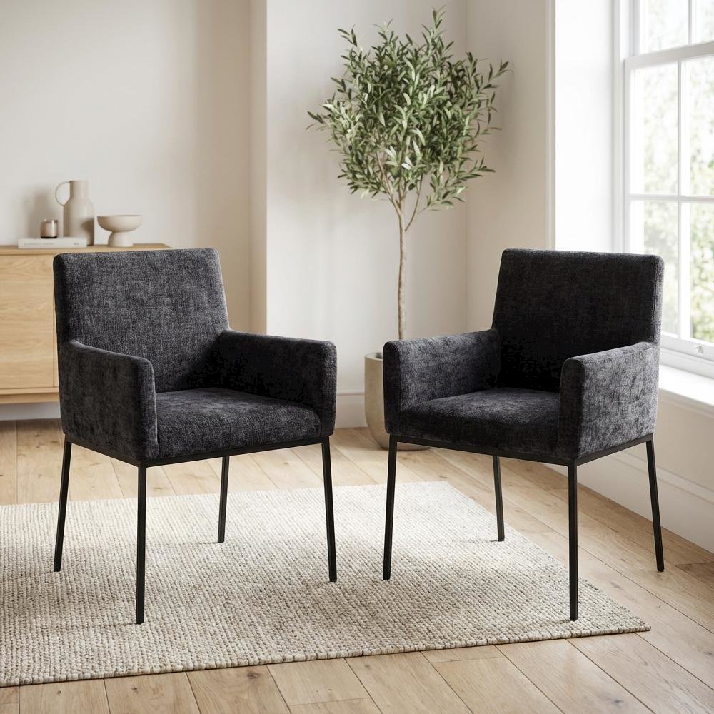 Matte Black Chenille Fabric Dining Chairs Set of 2 with Arms and Cushioned Seats