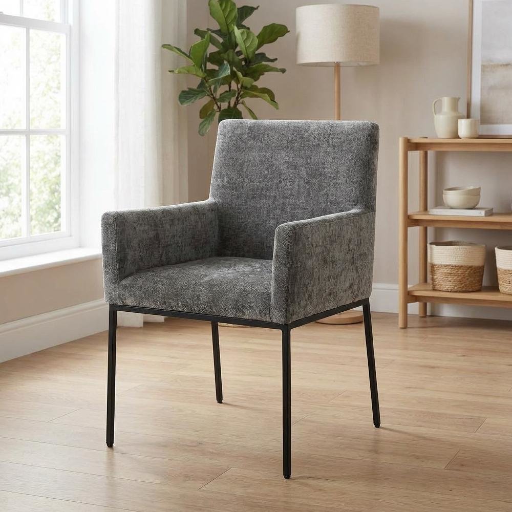Matte Black Chenille Fabric Dining Chairs Set of 2 - Armrests, Cushioned Seats