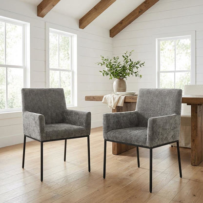 Matte Black Chenille Fabric Dining Chairs Set of 2 - Armrests, Cushioned Seats