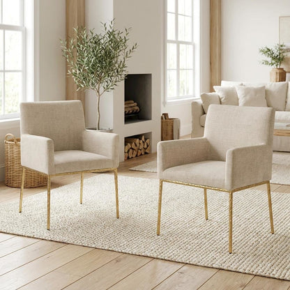 Beige Chenille Dining Chairs Set of 2 with Brushed Brass Frame