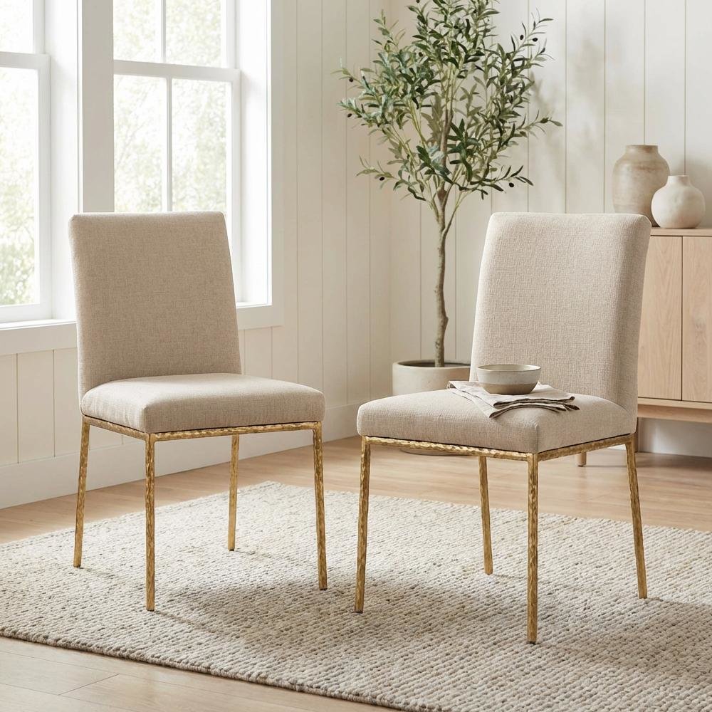 Beige Chenille Upholstered Dining Side Chairs Set of 2 with Cushioned Seats