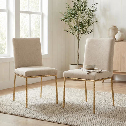 Beige Chenille Upholstered Dining Side Chairs Set of 2 with Cushioned Seats