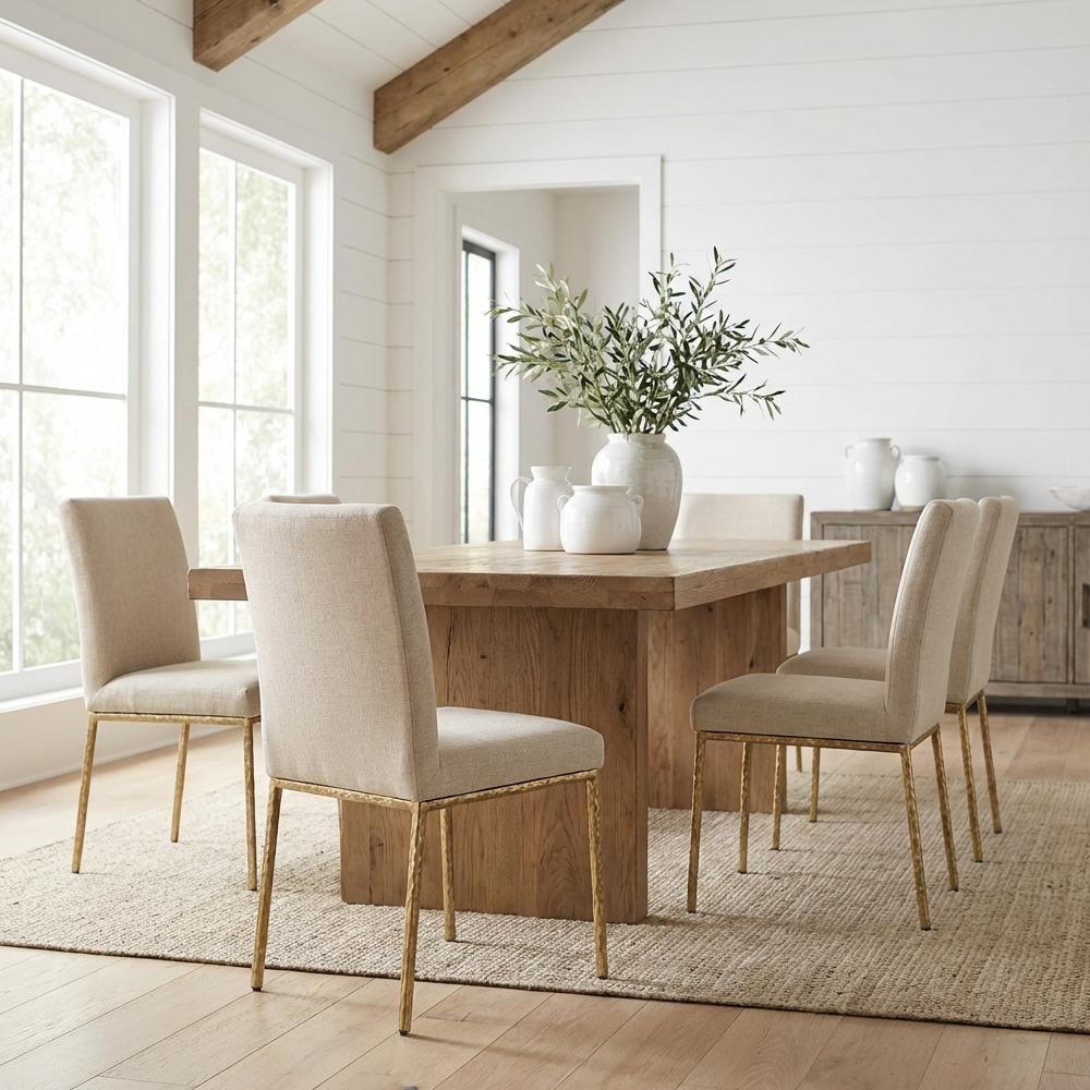Beige Chenille Upholstered Dining Side Chairs Set of 2 with Cushioned Seats