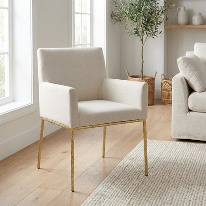 Cream Chenille Dining Chairs Set of 2 with Brushed Brass Frame and Armrests