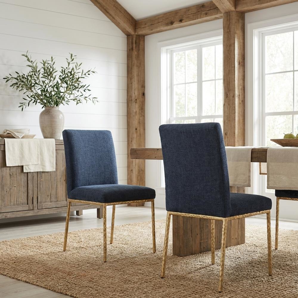 Navy Chenille Fabric Dining Side Chair Set of 2 with Contemporary Design