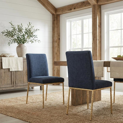 Navy Chenille Fabric Dining Side Chair Set of 2 with Contemporary Design