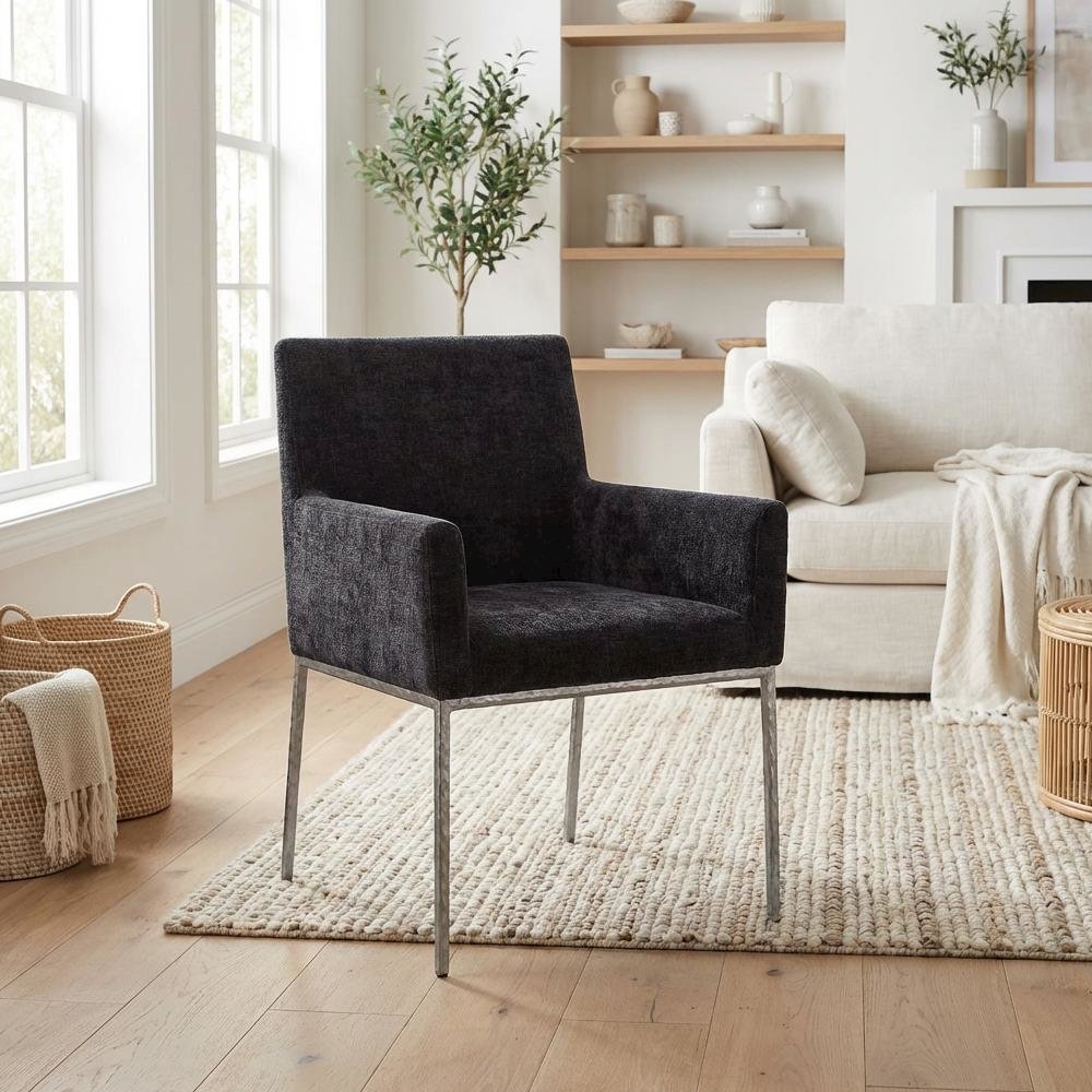 Brushed Silver Dining Chair Set of 2 - Chenille Upholstery, Contemporary Design