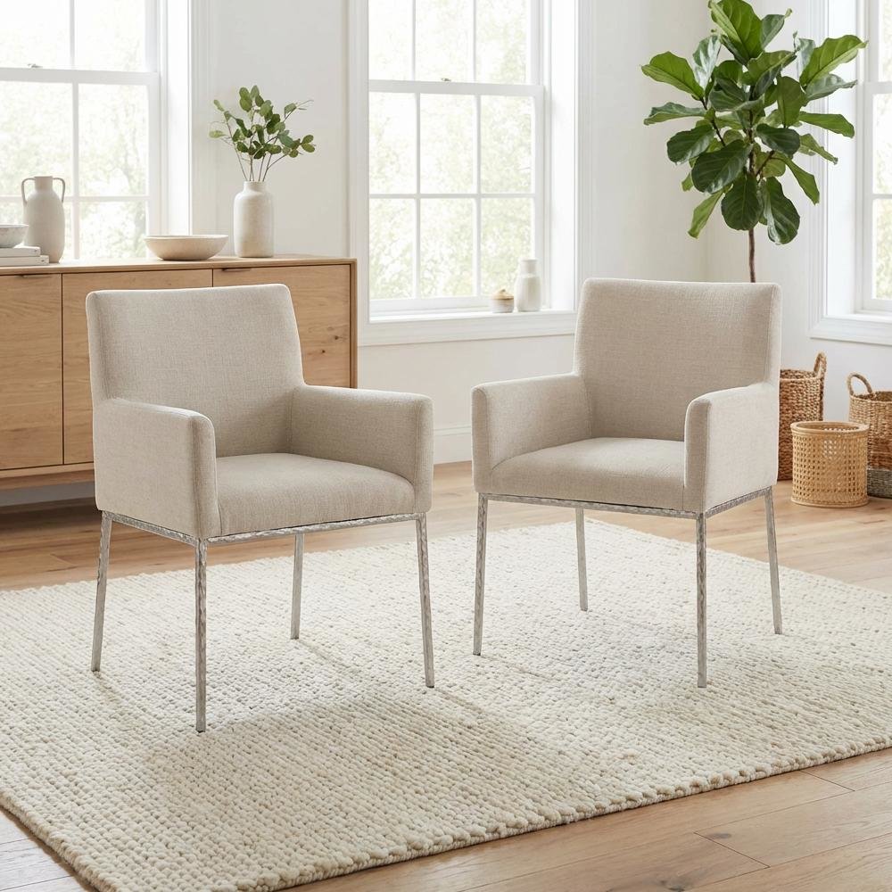 Brushed Silver Fabric Dining Chairs Set of 2 - Arm Height, Contemporary Design