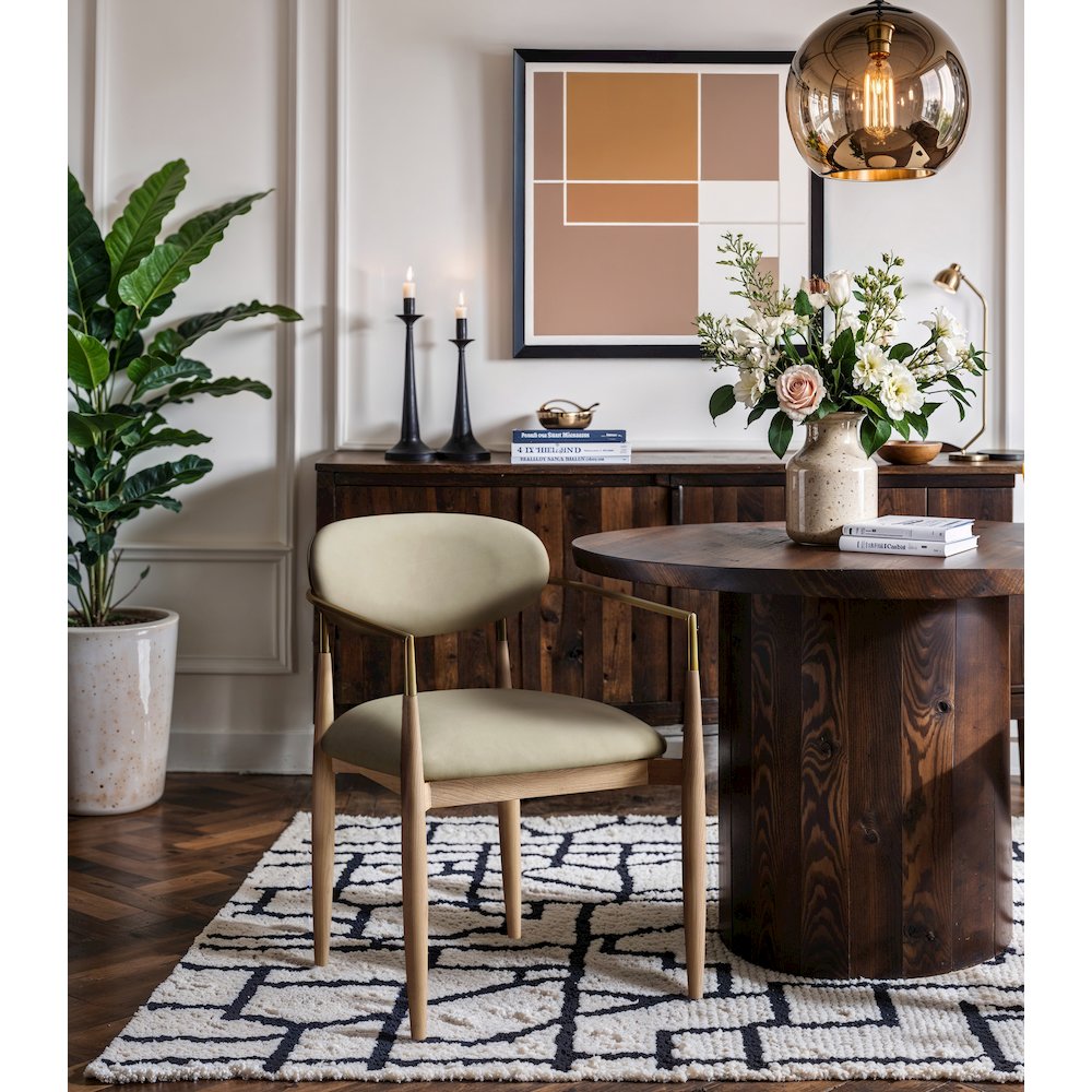 Riccio Taupe Vegan Leather Upholstered Dining Arm Chair, Set of 2